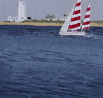 The boat with the stripy sails heads out through Hurst on an ebb tide.